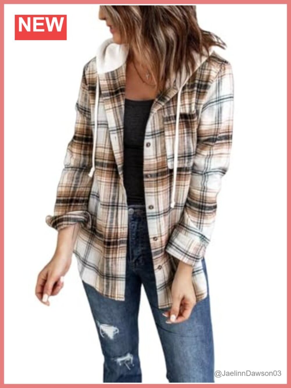 Women's Plaid Flannel Hoodie Shacket Button Down Shirt Loose Fit